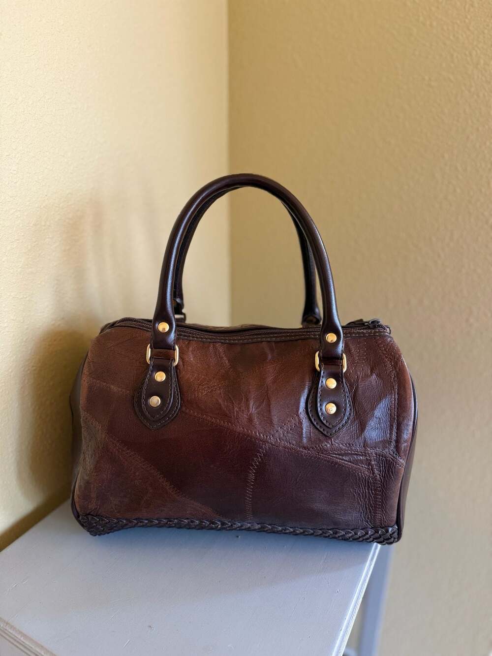 Vintage Brown Leather Patchwork Purse, Y2K Boho Barrel Bag, Retro Woven Trim Han